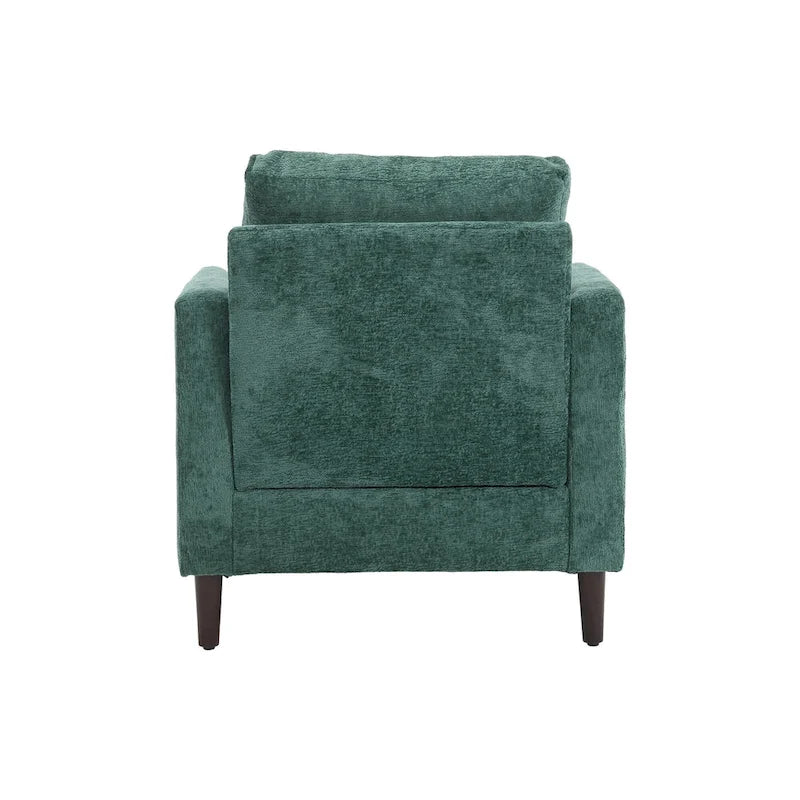 Poltrona moderna color smeraldo rivestita in ciniglia da 29.53, con struttura in legno massello e cuscini