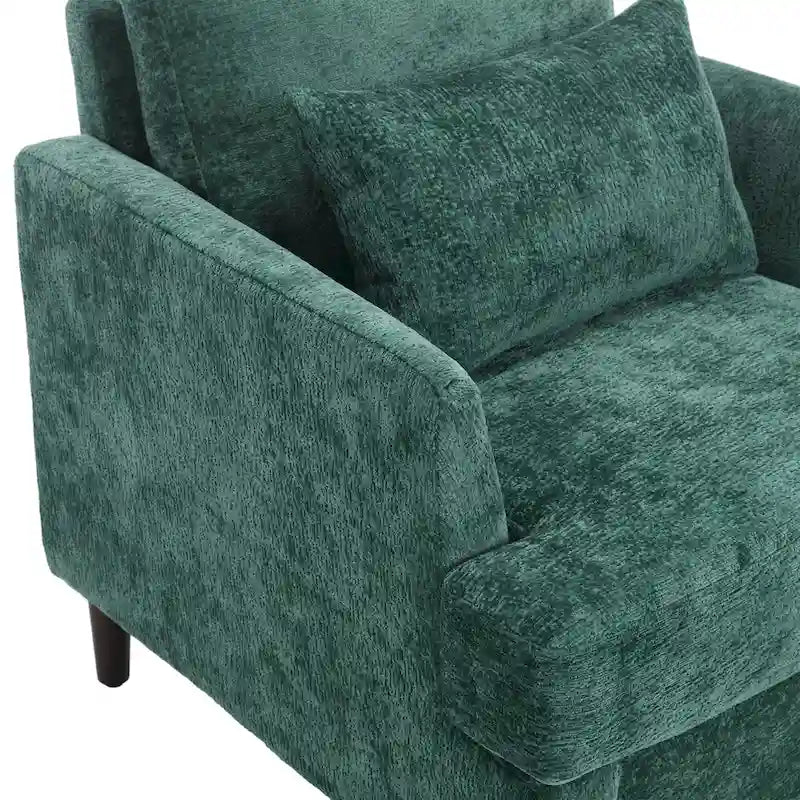 Poltrona moderna color smeraldo rivestita in ciniglia da 29.53, con struttura in legno massello e cuscini