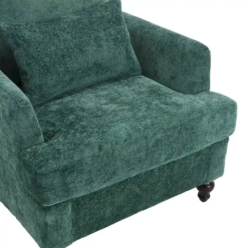 Poltrona moderna color smeraldo rivestita in ciniglia da 29.53, con struttura in legno massello e cuscini
