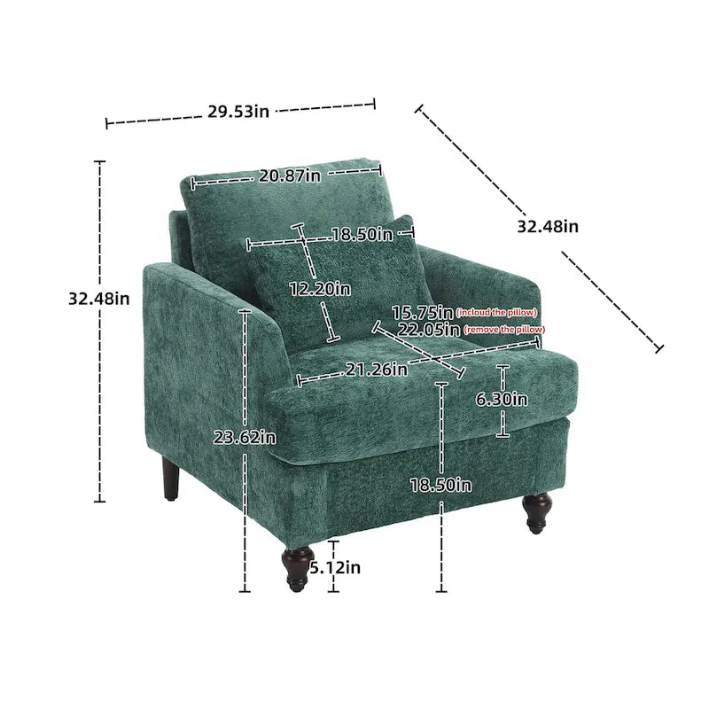 Poltrona moderna color smeraldo rivestita in ciniglia da 29.53, con struttura in legno massello e cuscini