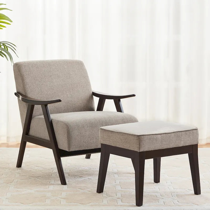 Poltrona imbottita Mid Century da 27.7 con struttura in legno massello e pouf