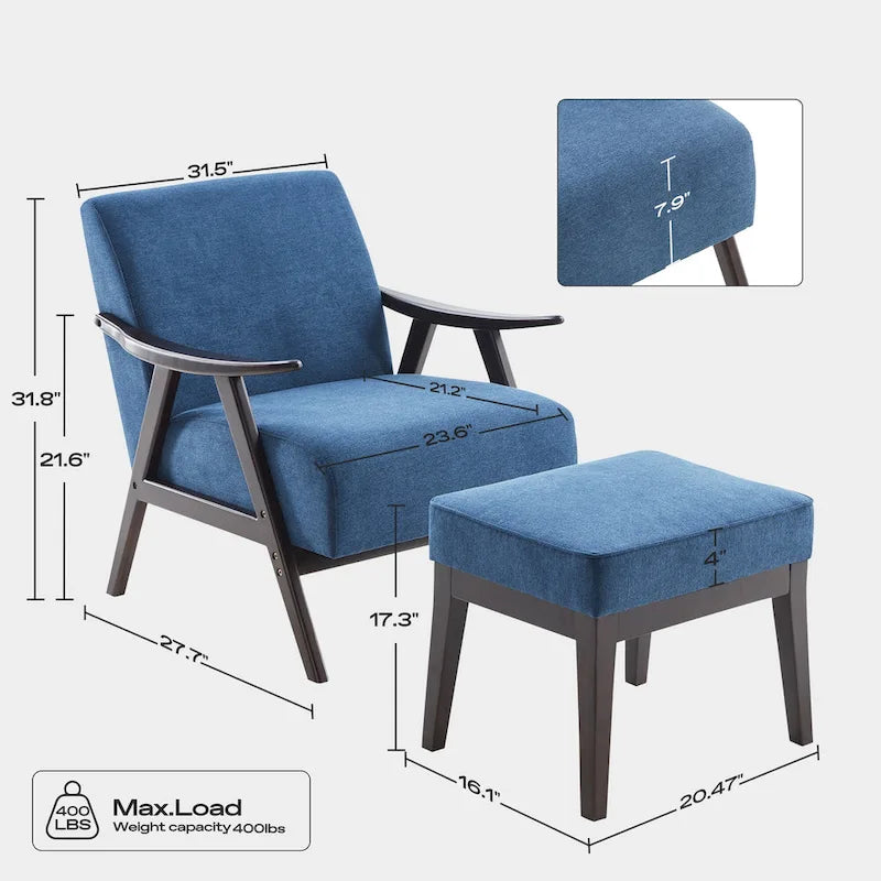 Poltrona imbottita Mid Century da 27.7 con struttura in legno massello e pouf