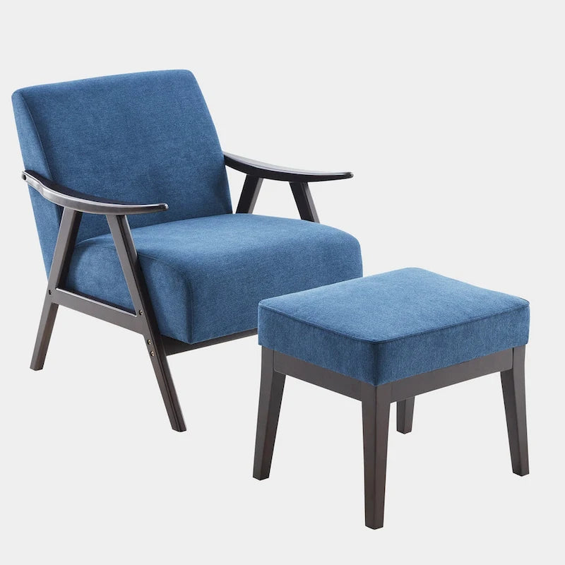 Poltrona imbottita Mid Century da 27.7 con struttura in legno massello e pouf