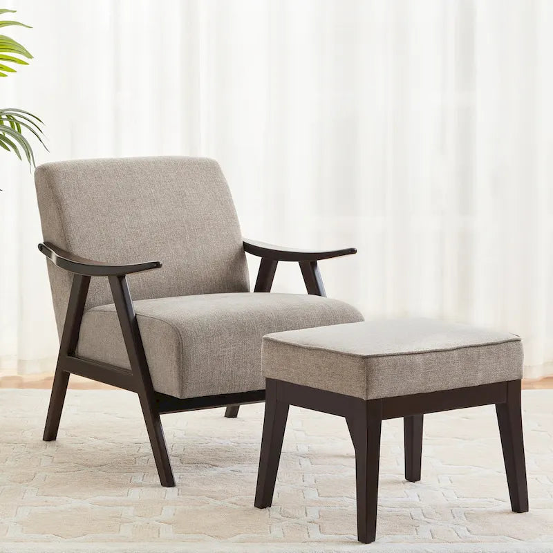 Poltrona imbottita Mid Century da 27.7 con struttura in legno massello e pouf