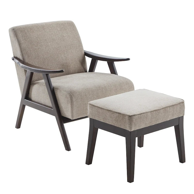Poltrona imbottita Mid Century da 27.7 con struttura in legno massello e pouf