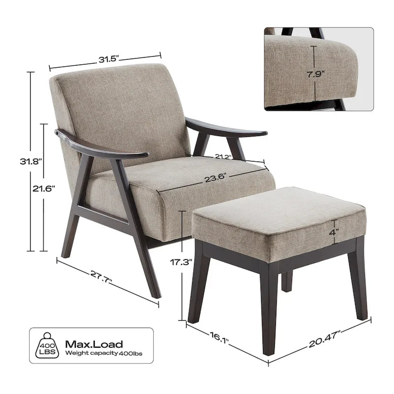 Poltrona imbottita Mid Century da 27.7 con struttura in legno massello e pouf
