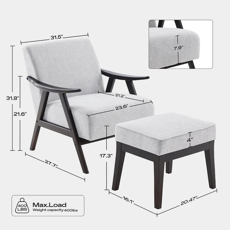 Poltrona imbottita Mid Century da 27.7 con struttura in legno massello e pouf