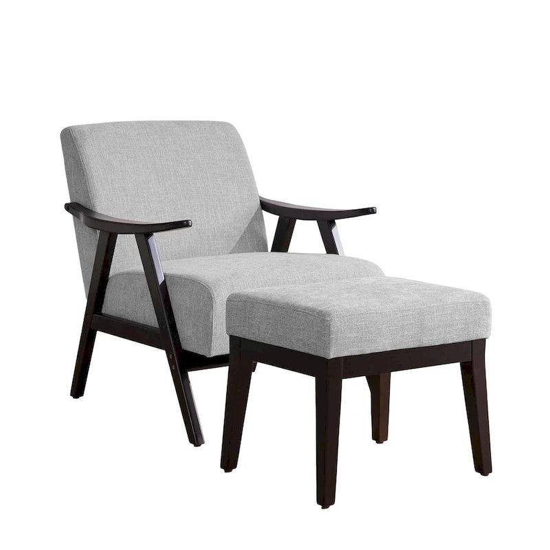 Poltrona imbottita Mid Century da 27.7 con struttura in legno massello e pouf