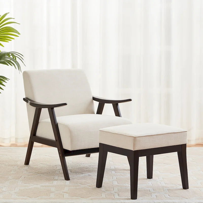 Poltrona imbottita Mid Century da 27.7 con struttura in legno massello e pouf