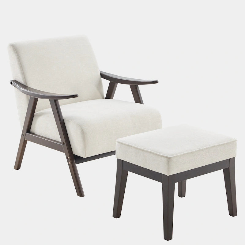 Poltrona imbottita Mid Century da 27.7 con struttura in legno massello e pouf