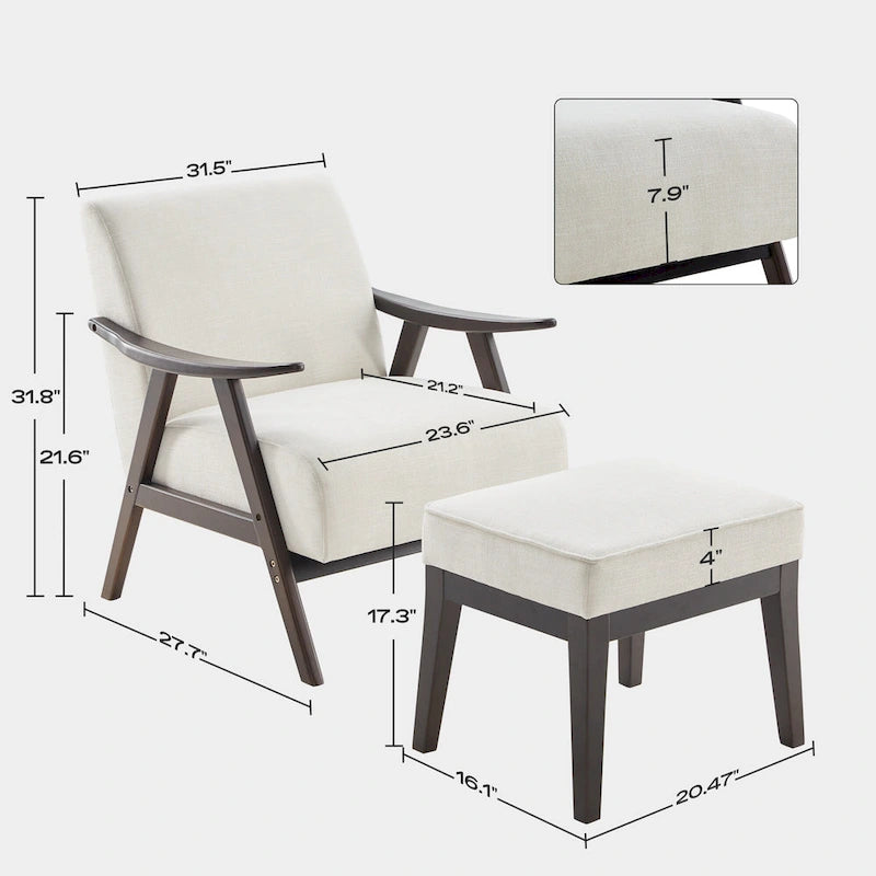 Poltrona imbottita Mid Century da 27.7 con struttura in legno massello e pouf