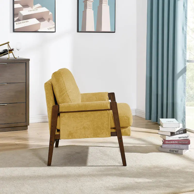 Poltrona in velluto giallo Mid-Century Modern da 35.4 con struttura in legno massello di gomma e piedini imbottiti