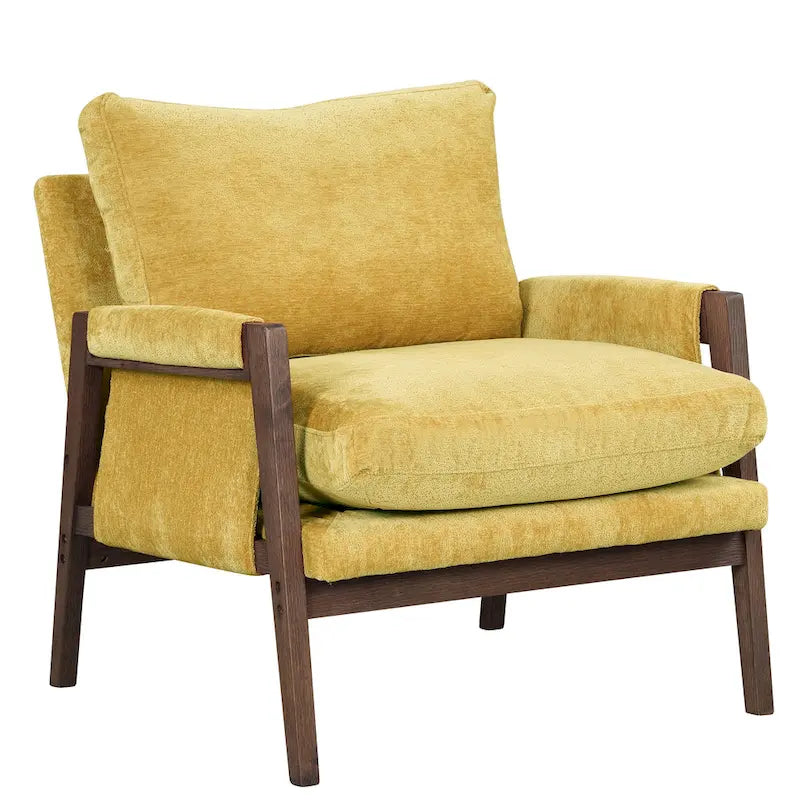 Poltrona in velluto giallo Mid-Century Modern da 35.4 con struttura in legno massello di gomma e piedini imbottiti