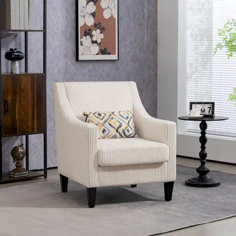 Poltrona moderna beige da 68 cm con braccioli scivolati e gambe in legno di gomma per soggiorno