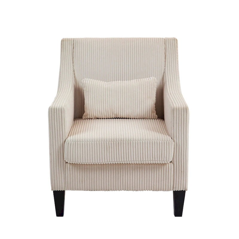 Poltrona moderna beige da 68 cm con braccioli scivolati e gambe in legno di gomma per soggiorno