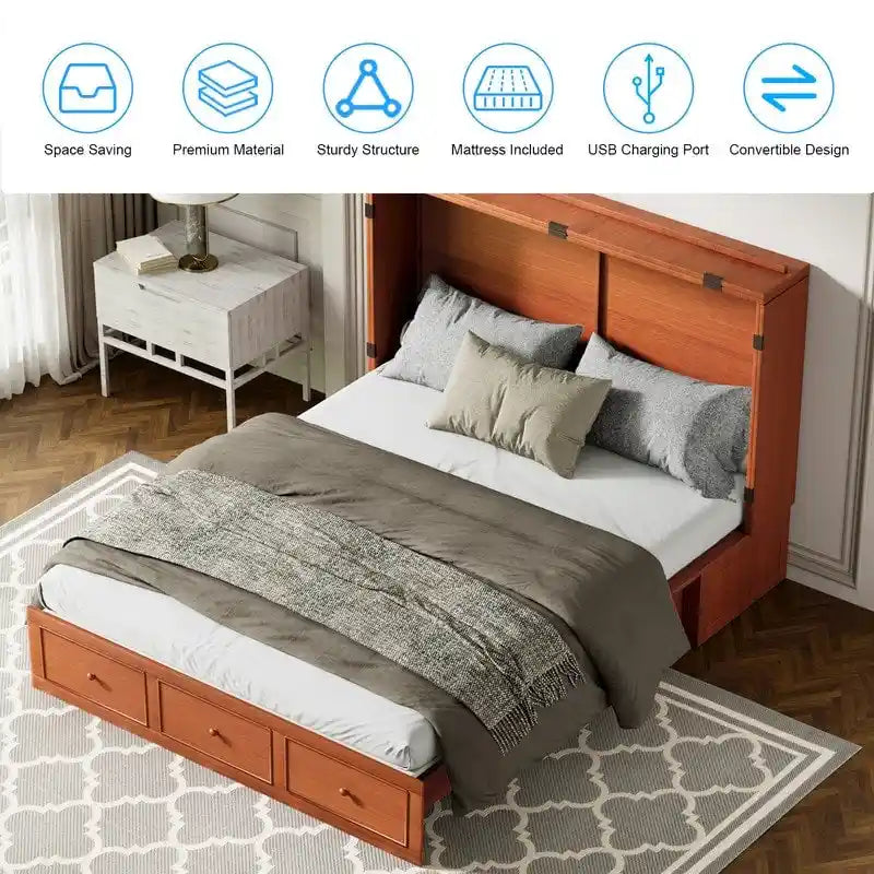 Murphy Bed with Foldable Mattress, Modern Cube Cabinet Bed with Storage Drawer & USB Charging Station