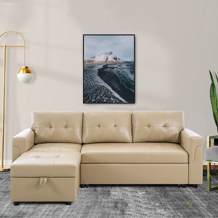 Divano componibile reversibile trasformabile con letto estraibile, chaise longue con contenitore nascosto e gambe resistenti