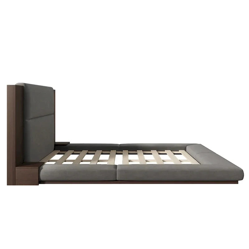Letto imbottito King Gray Floor a basso profilo con testiera estesa in legno, mensole comodino integrate