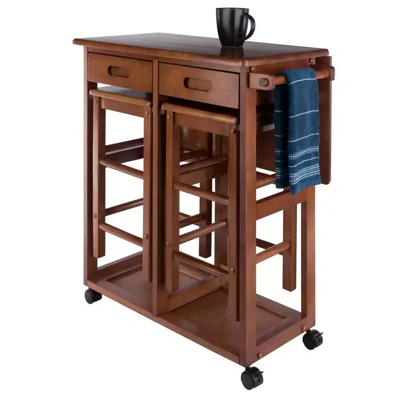 Set da pranzo pieghevole salvaspazio 3 pezzi Suzanne in teak - Winsome: compatto, cassetti contenitore e 2 sgabelli