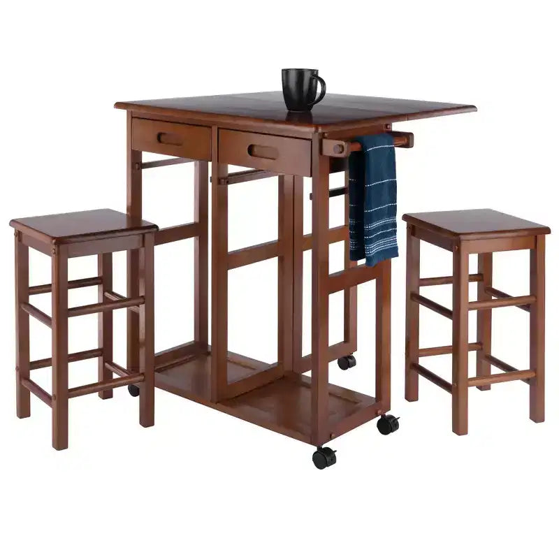 Set da pranzo pieghevole salvaspazio 3 pezzi Suzanne in teak - Winsome: compatto, cassetti contenitore e 2 sgabelli