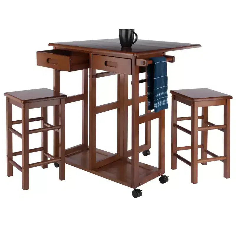 Set da pranzo pieghevole salvaspazio 3 pezzi Suzanne in teak - Winsome: compatto, cassetti contenitore e 2 sgabelli