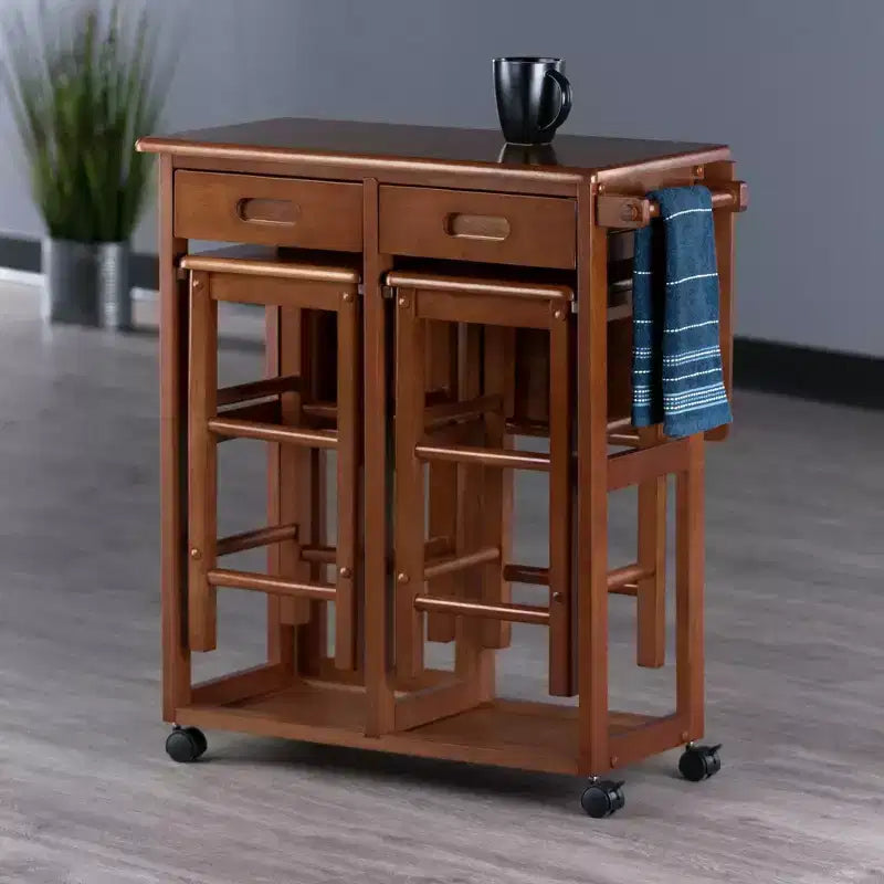Set da pranzo pieghevole salvaspazio 3 pezzi Suzanne in teak - Winsome: compatto, cassetti contenitore e 2 sgabelli