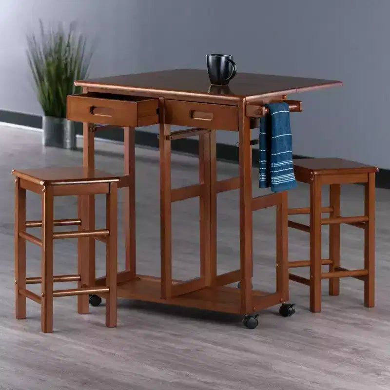 Set da pranzo pieghevole salvaspazio 3 pezzi Suzanne in teak - Winsome: compatto, cassetti contenitore e 2 sgabelli
