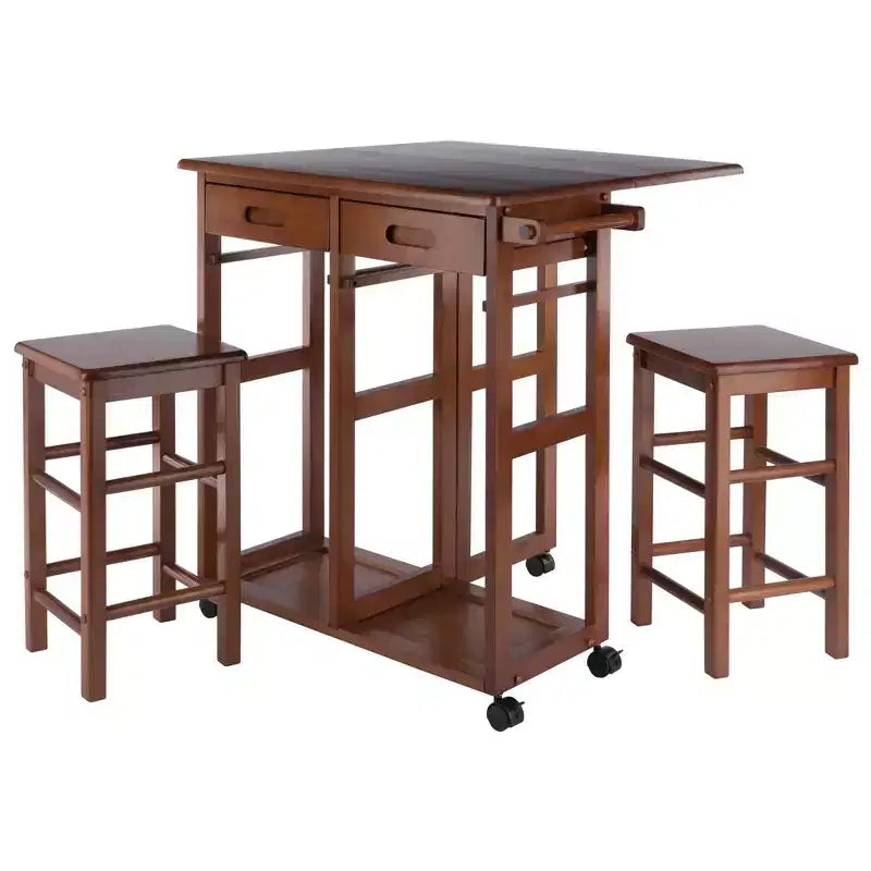 Set da pranzo pieghevole salvaspazio 3 pezzi Suzanne in teak - Winsome: compatto, cassetti contenitore e 2 sgabelli