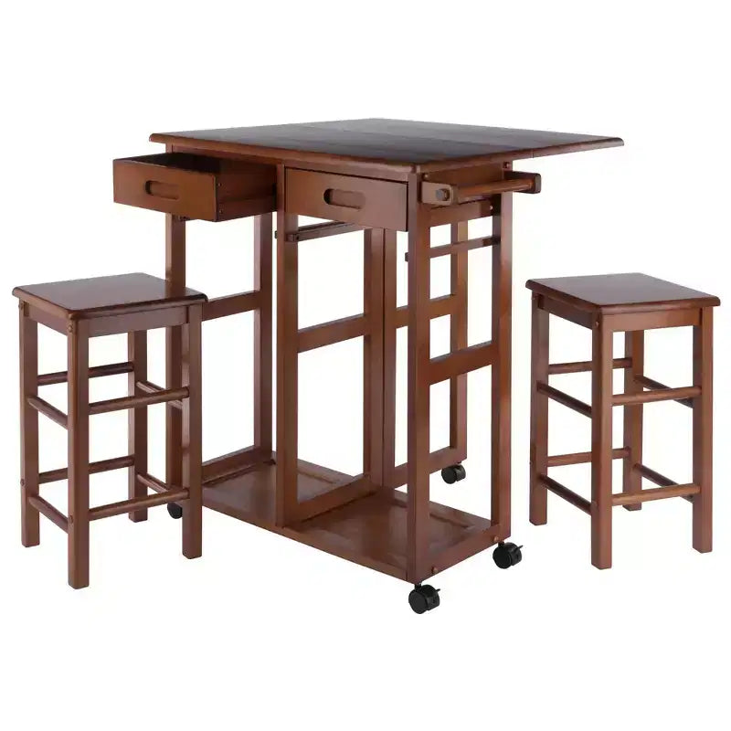 Set da pranzo pieghevole salvaspazio 3 pezzi Suzanne in teak - Winsome: compatto, cassetti contenitore e 2 sgabelli
