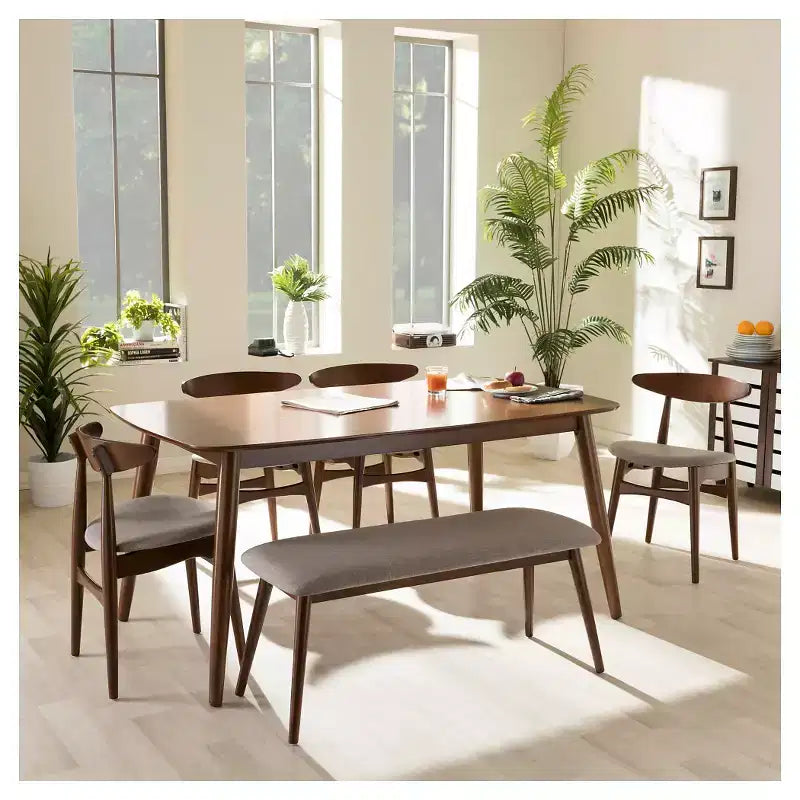 Set da pranzo 6 pezzi Flora in legno moderno di metà secolo con panca e sedie imbottite - Baxton Studio