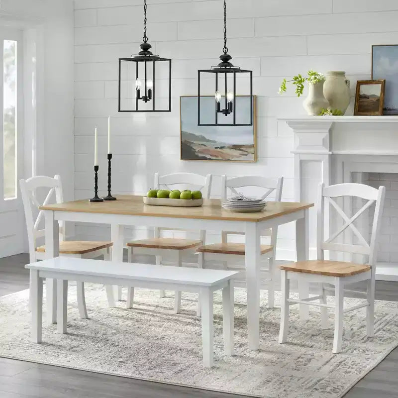 Set da pranzo rettangolare Buylateral 6 pezzi Tiffany Farmhouse con panca Bianco/Naturale
