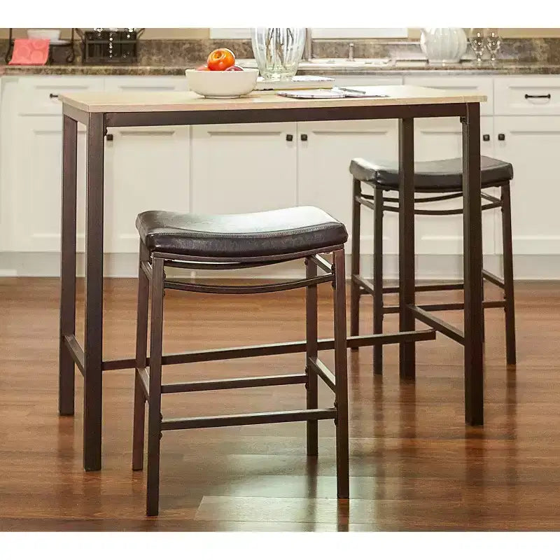 Linon 3 sgabelli Betty in ecopelle Set da pranzo in legno/marrone: altezza bancone, sedile imbottito