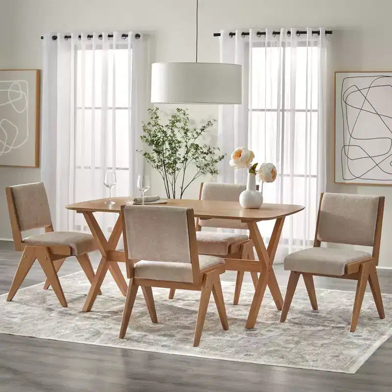 Set da pranzo Lifestorey 5 pezzi Baywood Mid Century in legno massello, rovere chiaro/beige
