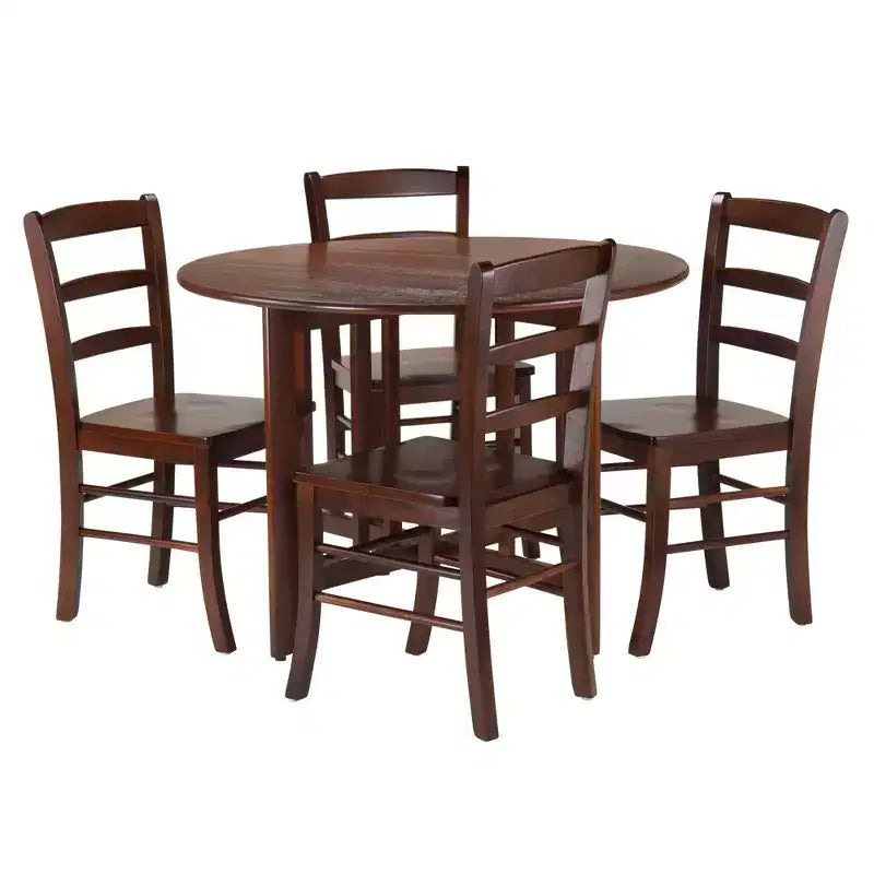 5pc Alamo Drop Leaf Dining Set with Ladder Back Chairs Wood/Walnut- Winsome: Round Table, 4-Point Leg Base