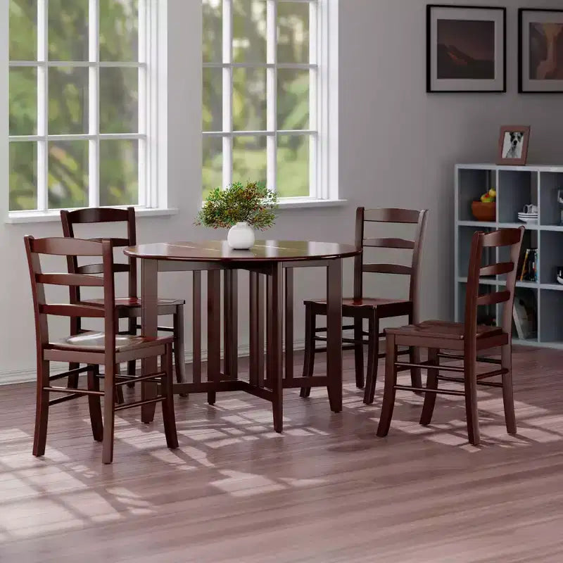 Set da pranzo Alamo Drop Leaf da 5 pezzi con sedie Ladder Back Legno/Noce - Winsome: Tavolo rotondo, base a 4 gambe