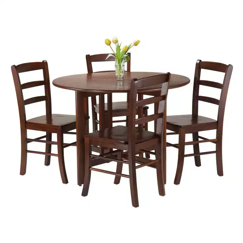 Set da pranzo Alamo Drop Leaf da 5 pezzi con sedie Ladder Back Legno/Noce - Winsome: Tavolo rotondo, base a 4 gambe