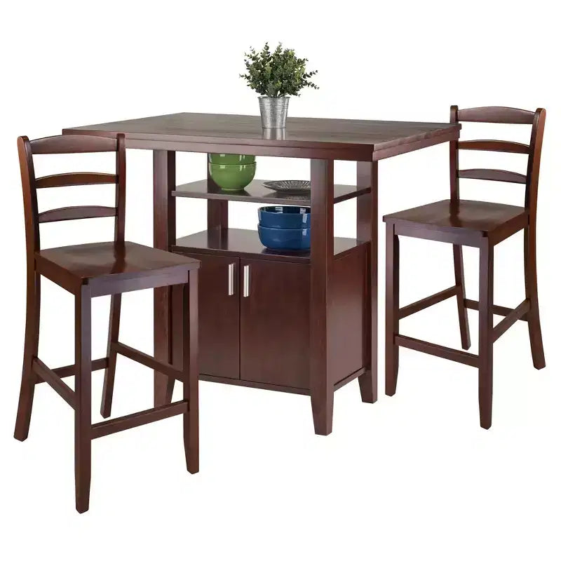 Set da pranzo Winsome 3 pezzi Albany, altezza bancone, con sgabelli con schienale a pioli, noce: stile tradizionale, tavolo rettangolare 4 posti