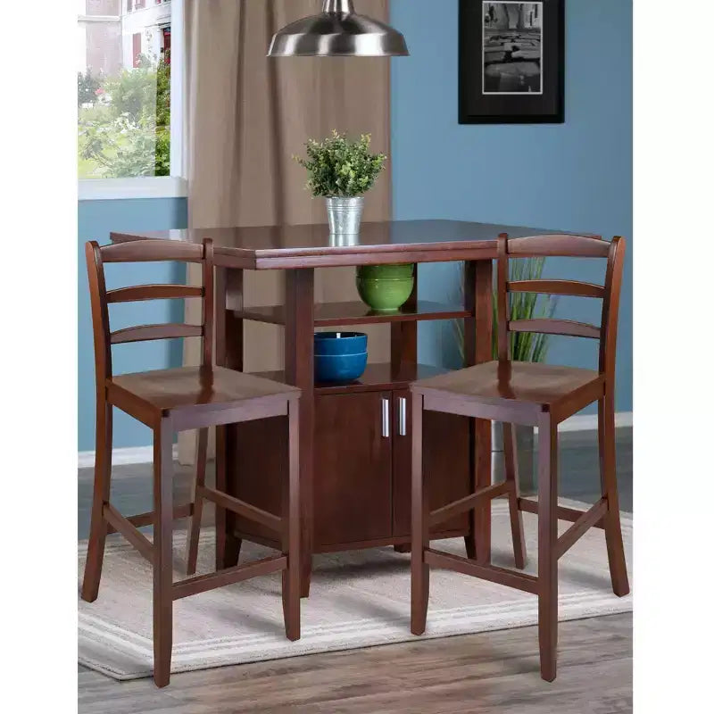 Set da pranzo Winsome 3 pezzi Albany, altezza bancone, con sgabelli con schienale a pioli, noce: stile tradizionale, tavolo rettangolare 4 posti