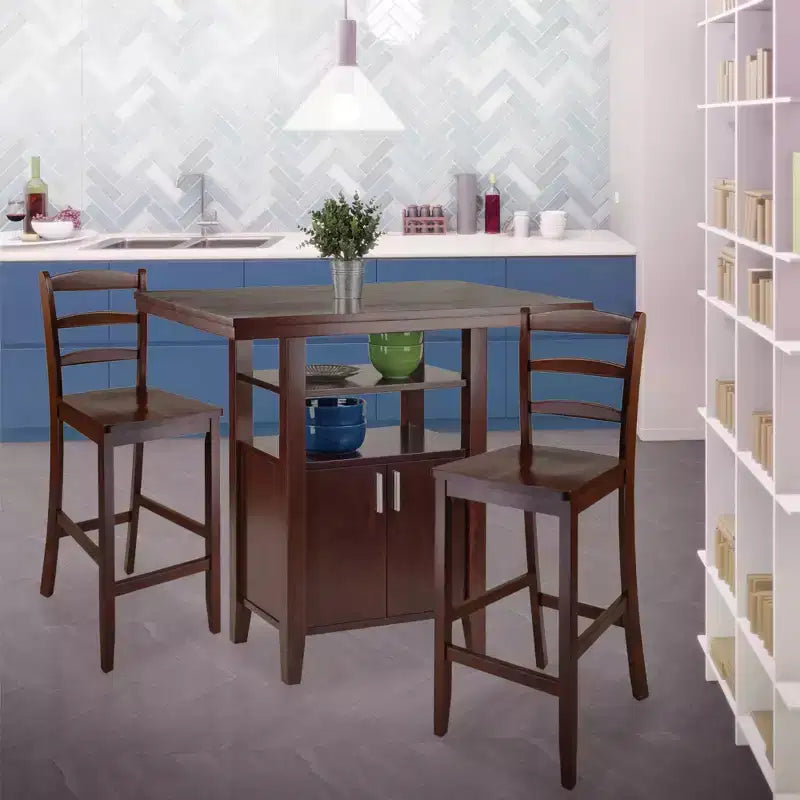 Set da pranzo Winsome 3 pezzi Albany, altezza bancone, con sgabelli con schienale a pioli, noce: stile tradizionale, tavolo rettangolare 4 posti