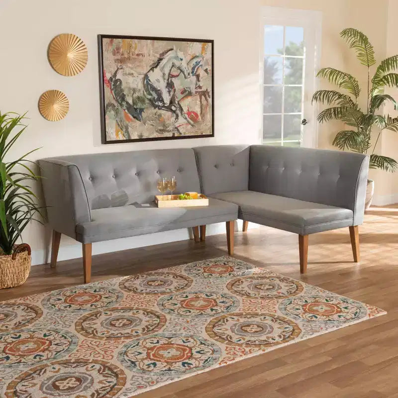 Set da 2 panche angolari imbottite Stewart per angolo pranzo, tessuto e legno, grigio/noce - Baxton Studio: panche angolari in velluto