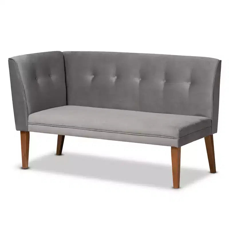 Set da 2 panche angolari imbottite Stewart per angolo pranzo, tessuto e legno, grigio/noce - Baxton Studio: panche angolari in velluto