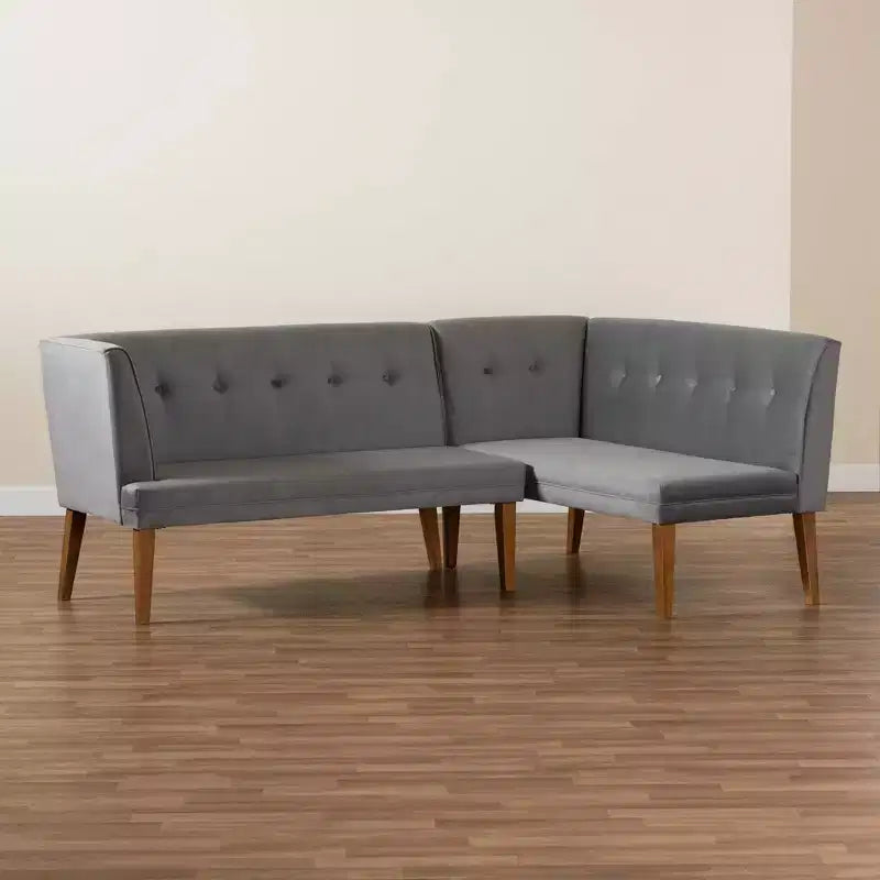 Set da 2 panche angolari imbottite Stewart per angolo pranzo, tessuto e legno, grigio/noce - Baxton Studio: panche angolari in velluto