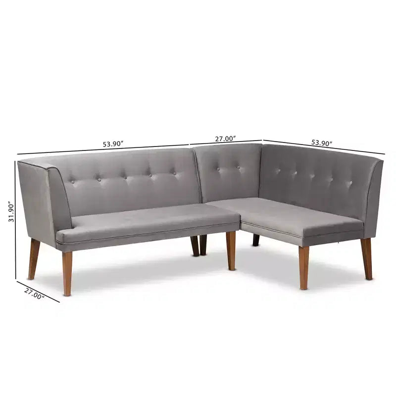 Set da 2 panche angolari imbottite Stewart per angolo pranzo, tessuto e legno, grigio/noce - Baxton Studio: panche angolari in velluto
