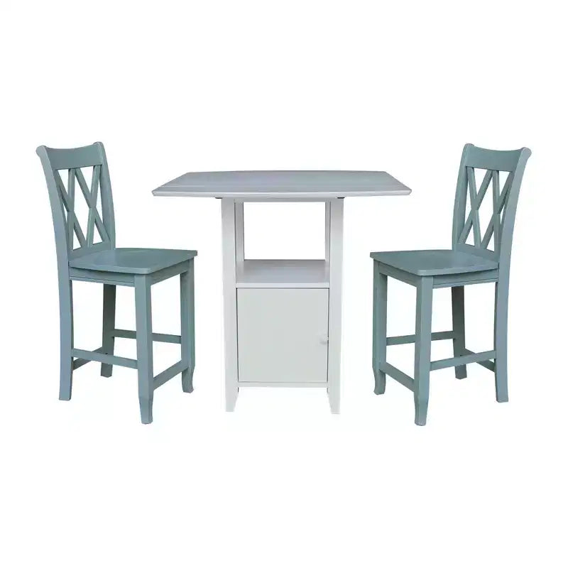 Dual Drop Leaf Bistro Table Dining Set with 2 Double Cross Back Counter Height Barstools White/Chalk Antiqued - International Concepts: 3-Piece