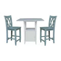 Dual Drop Leaf Bistro Table Dining Set with 2 Double Cross Back Counter Height Barstools White/Chalk Antiqued - International Concepts: 3-Piece