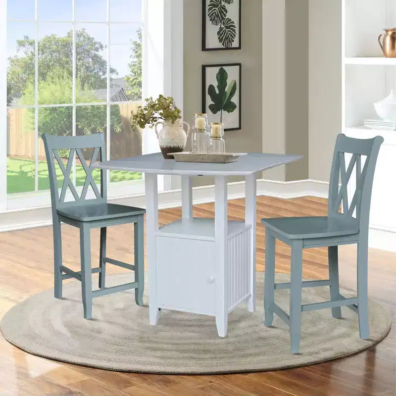 Set da Pranzo Bistrò con Tavolo con Doppia Anta a Goccia e 2 Sgabelli da Bancone con Doppia Schiena Incrociata, Altezza Bancone, Bianco/Gesso Anticato - International Concepts: 3 Pezzi