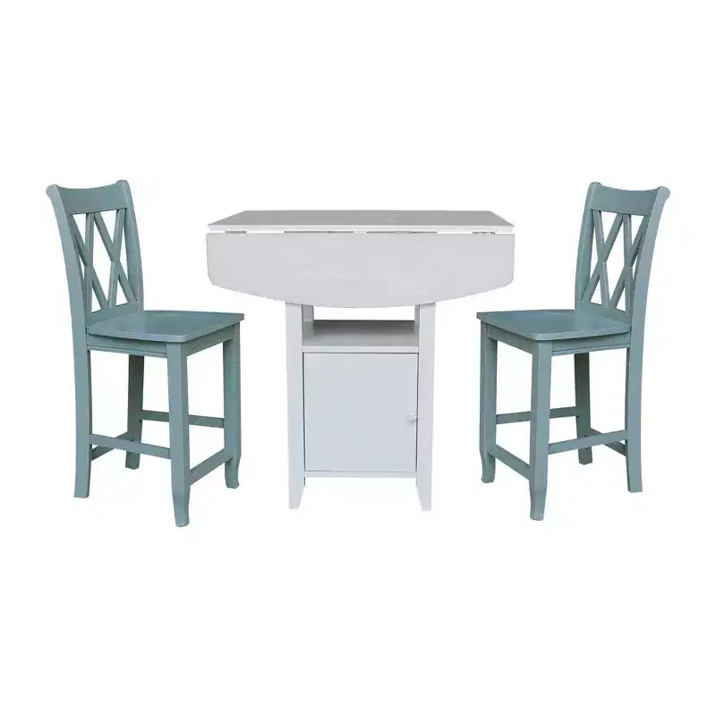Set da Pranzo Bistrò con Tavolo con Doppia Anta a Goccia e 2 Sgabelli da Bancone con Doppia Schiena Incrociata, Altezza Bancone, Bianco/Gesso Anticato - International Concepts: 3 Pezzi