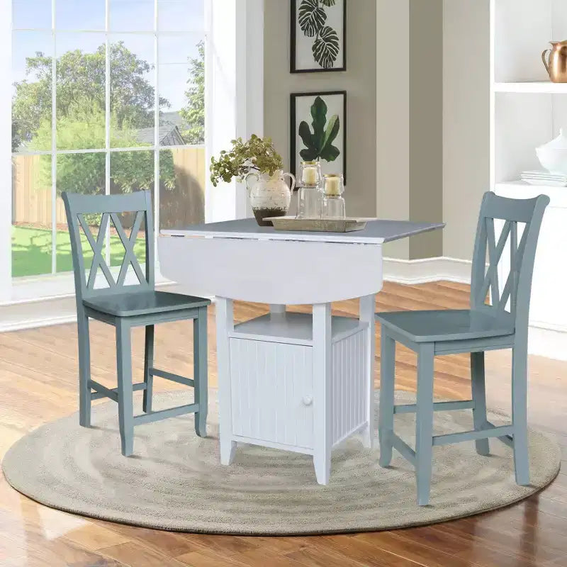 Set da Pranzo Bistrò con Tavolo con Doppia Anta a Goccia e 2 Sgabelli da Bancone con Doppia Schiena Incrociata, Altezza Bancone, Bianco/Gesso Anticato - International Concepts: 3 Pezzi