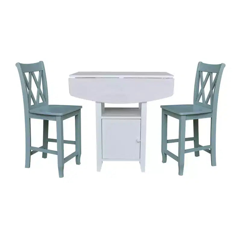 Set da Pranzo Bistrò con Tavolo con Doppia Anta a Goccia e 2 Sgabelli da Bancone con Doppia Schiena Incrociata, Altezza Bancone, Bianco/Gesso Anticato - International Concepts: 3 Pezzi