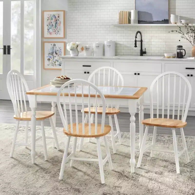 Set da pranzo rettangolare Buylateral 5 pezzi Tara Farmhouse con piano in piastrelle e sedie a fuso Bianco/Naturale